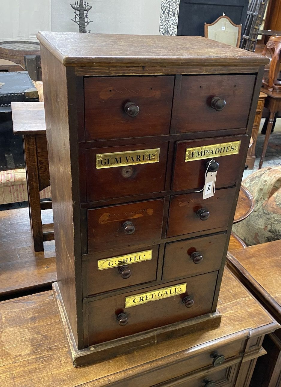 A Victorian style mahogany nine drawer apothecary chest, width 43cm, depth 28cm, height 78cm